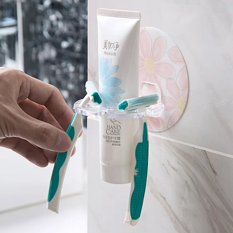 Self Adhesive Toothbrush Holder Wall Mounted No Drilling Toothpaste Razor Storage Rack Toothpaste Dispenser Bathroom Accessories