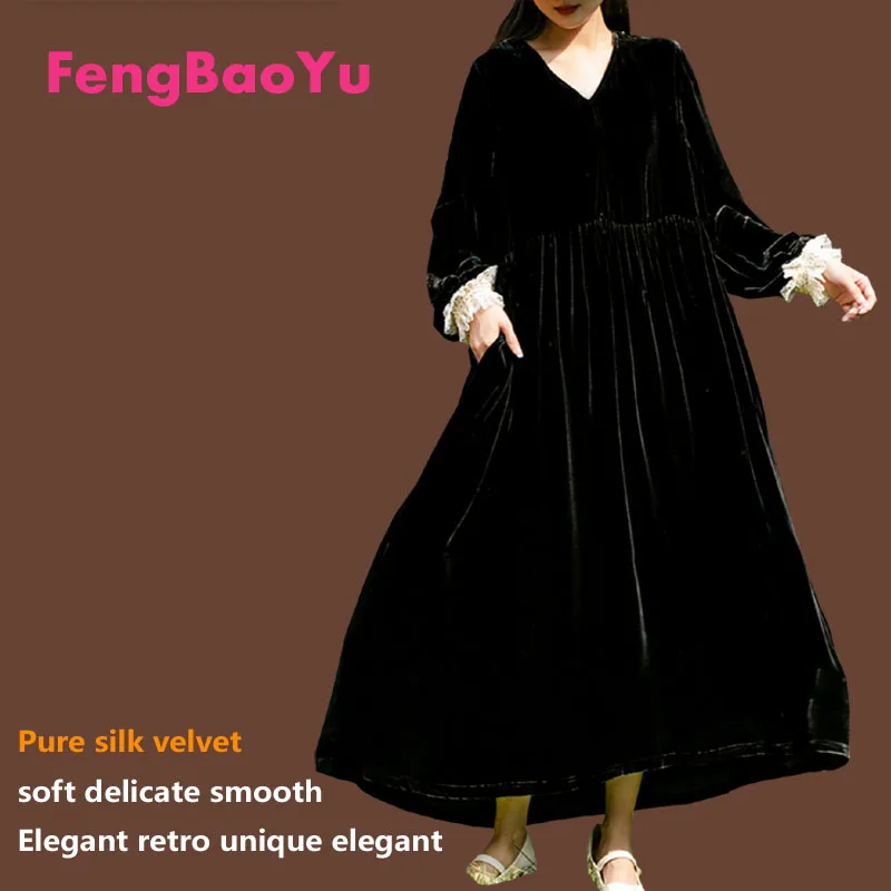 Fengbaoyu Silk Velvet Autumn and Winter Lady Lotus Leaf Edge Long-sleeved V-collar Black Knitted Long Dresses for Women Luxury