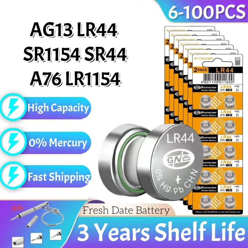 6-100PCS AG13 LR44 Button Batteries LR 44 L1154 RW82 SR1154 SP76 pila SR44 A76 LR1154 GP7 Cell Coin Watch Toys Remote Battery