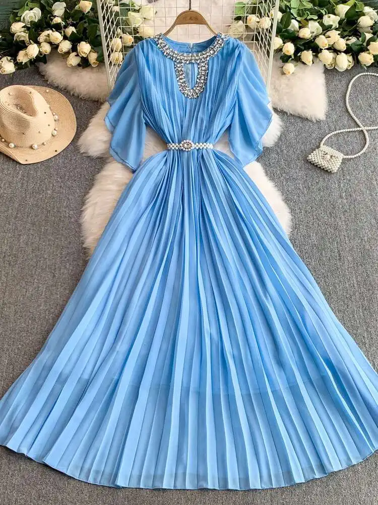 Cristal luxe robes de soirée formelles femmes été ample grande taille à manches courtes plissée en mousseline de soie longue robe femme robes de soirée