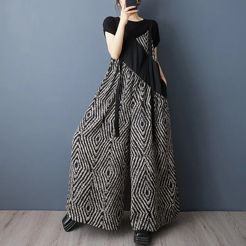 

Summer print contrasting color irregular splicing adjustable overalls fashionable casual versatile one-piece wide leg pants