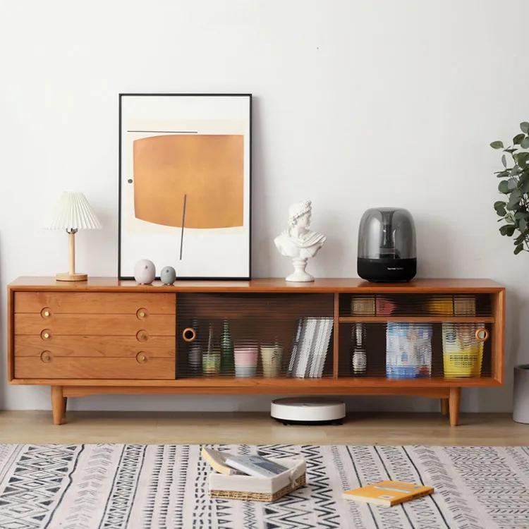 Nordic cherry wood audio-visual cabinet simple solid wood coffee table TV cabinet combination living room storage