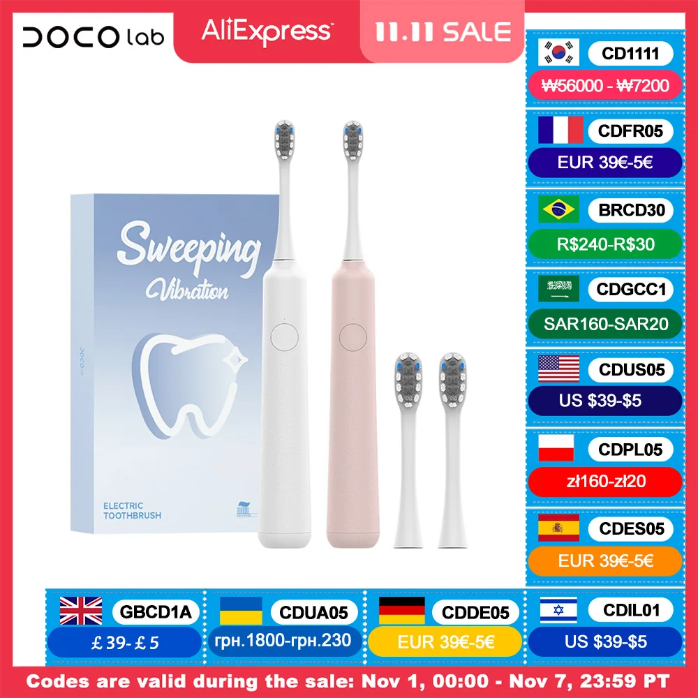 DOCO Electric Toothbrush 3-gear Mode Automatic Vibration Brush 20 Degrees Adult USB Charging IPX7 Waterproof