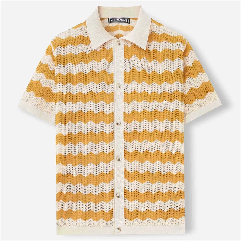 

Hollow out Classy Knitted Shirts For Men Short Skeeved Loose Fit Summer Quality Viscose Elastic Striped Trendy Camisas De Hombre