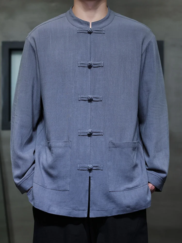 

Новая мужская льняная рубашка с длинным рукавом 2025 года в винтажном китайском стиле, весенняя модная верхняя одежда, трендовый костюм Тан, повседневная рубашка Ханьфу