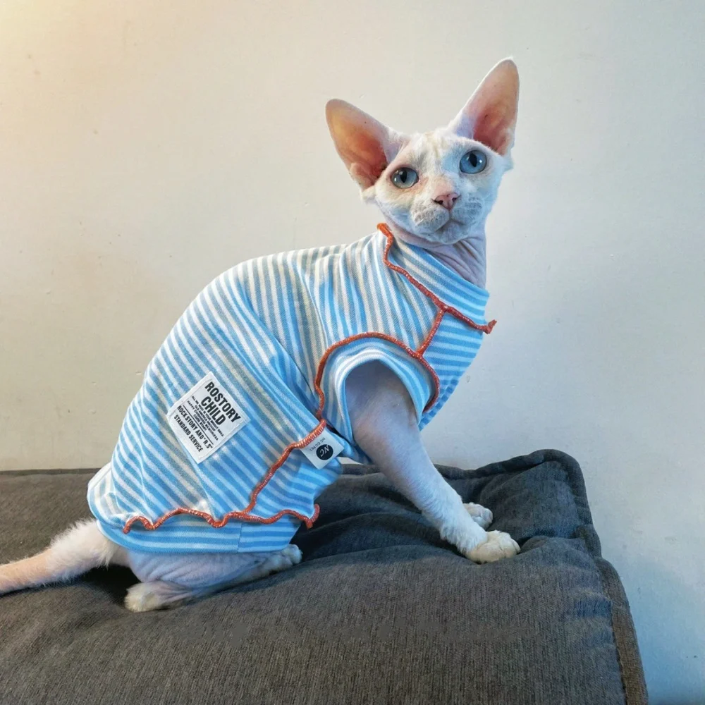 Blue Striped Short Sleeves T-shirt for Male Cats in Spring Cotton Sweet Summer Jumpsuit for Devon Rex Summer Vest for Sphynx Cat