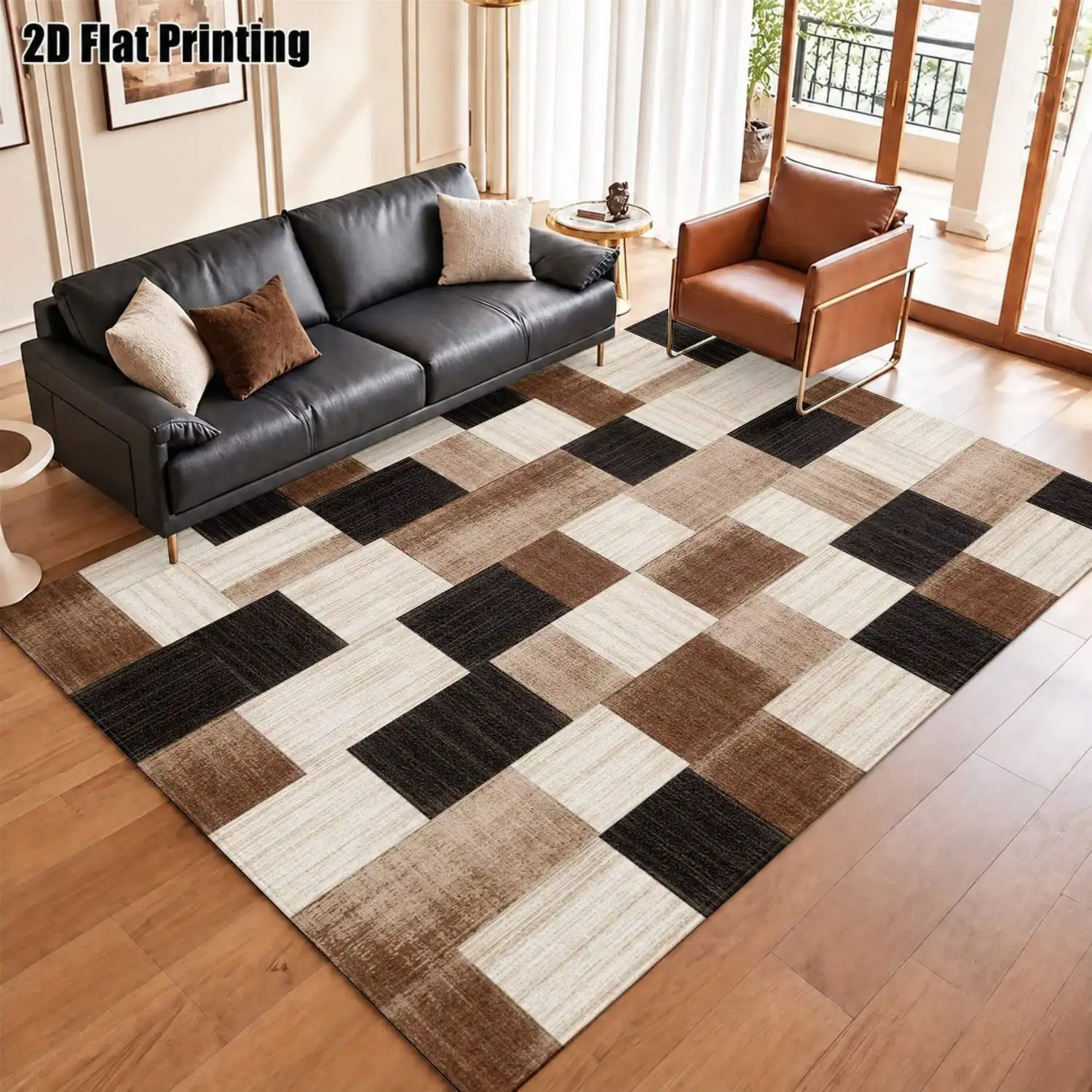 1Pc 2D Printed Black & Brown Geometric Square Pattern Carpet, Nordic/Modern Minimalist/European/Instagram Style, Multi-Size, Machine Washable, Ideal for Living Room, Bedroom, Dining Room, Entrance, Study, Home Decoration
