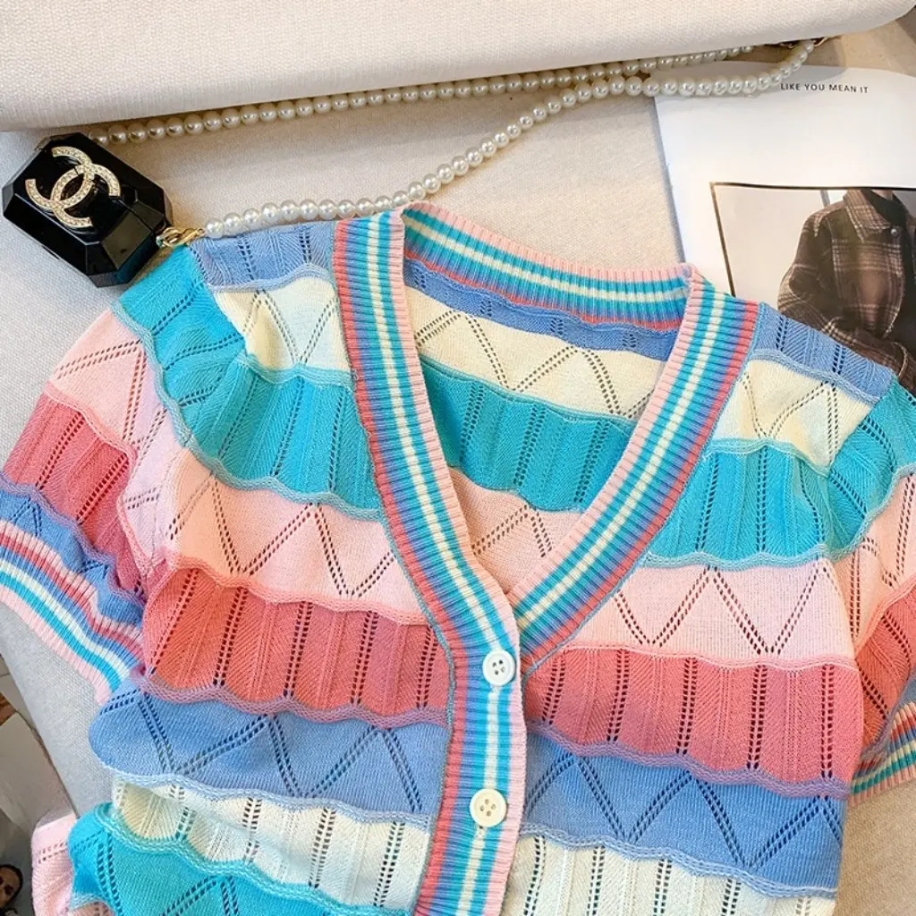 

Women's V-Neck Striped T-Shirt Ice Silk Knitted Cardigan Short Sleeve Summer Autumn New Ins Design in Stock Real Shot