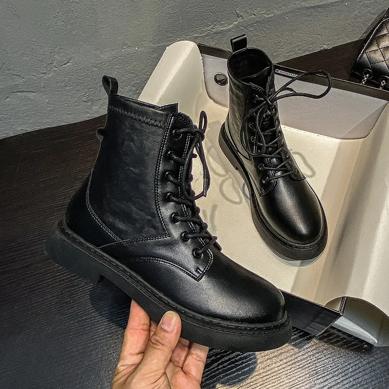 2023 NEW Women's Winter Boots Punk Shoes Black Platform Ankle Boots Motorcycle Boots Leather Lace-up Bright Boots Botas Mujer