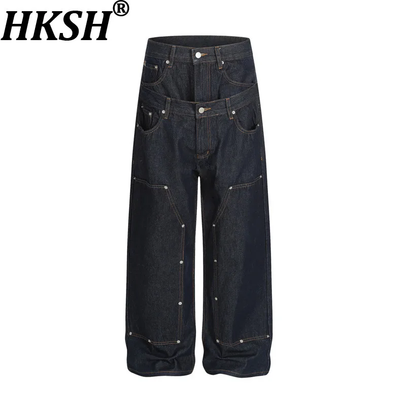

HKSH Spring Autumn New Men's Trendy Double Waist Rivet Patchwork Straight Jeans Casual Multi-pocket Wide Leg Denim Pants HK13488