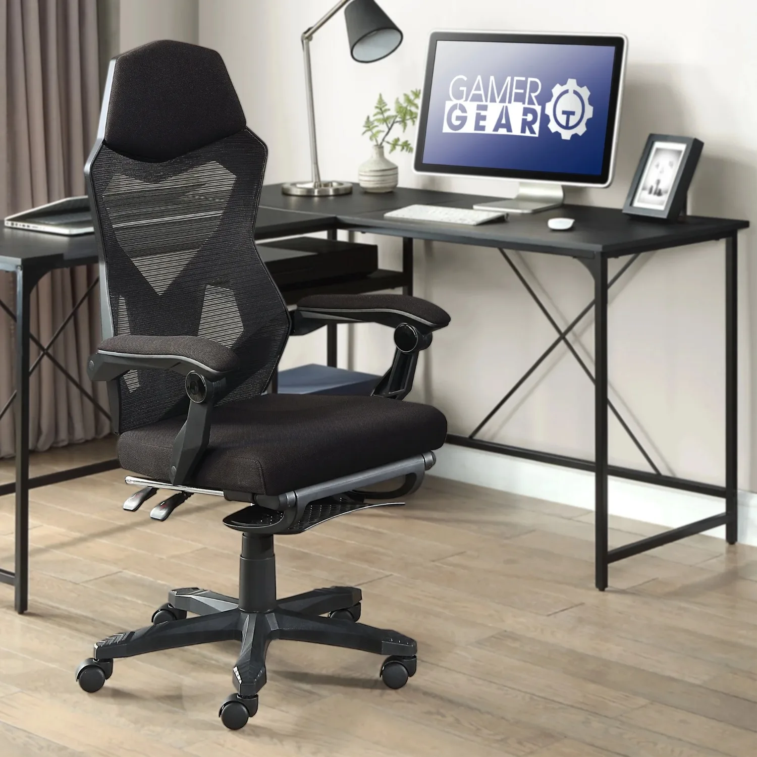 Gamer Gear Gaming Office Chair with Extendable Leg Rest, Black Fabric Upholstery