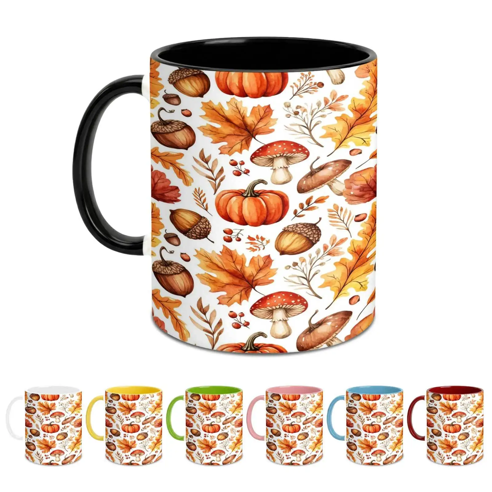 1pc, Autumn Harvest Pumpkin Acorn Mushroom, 11 Oz Colored Ceramic Mug, Watercolor Forest Botanical Design Print, for Home And Office, Thanksgiving Gift, Tumbler, Local Warehouse, Gifts for Men And Women, Friends