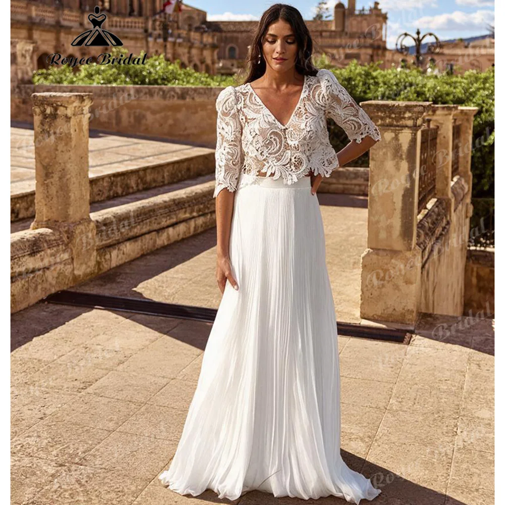 Two Piece Boho Wedding Dress V Neck Puff Sleeve Guipure Lace Crop Top High Waist Pleated Chiffon Skirt Beach Bridal Gown Custom