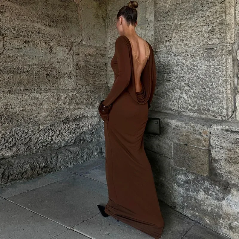 المرأة أنيقة مثير ثنيات سلسلة معدنية عارية الذراعين Bodycon ماكسي فستان الحفلات ثوب مسائي كم كامل سليم مأدبة رداء طويل Vestidos