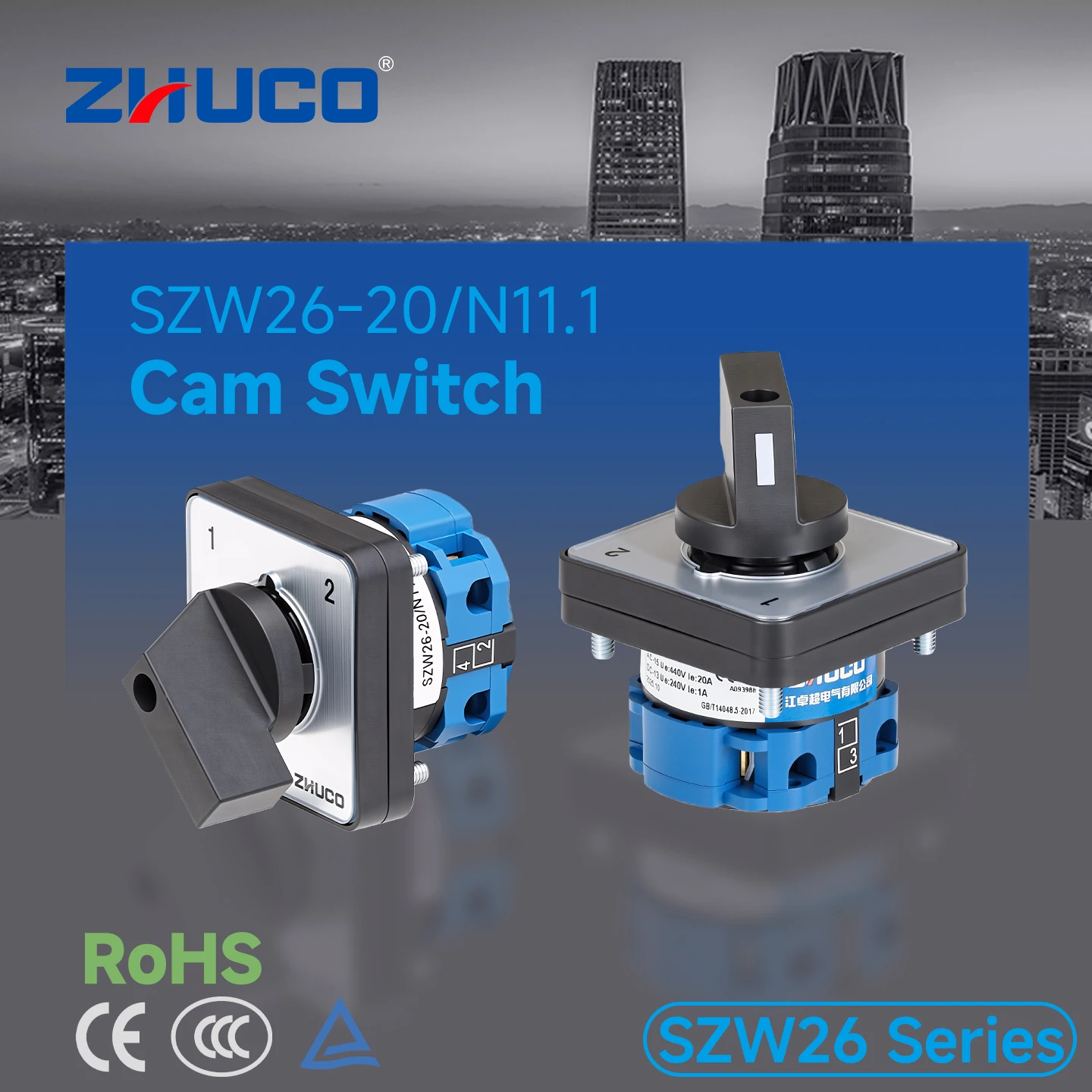 Zhuco 2/3 Position Selector Switch 20A 690V, 4-Terminal Universal Rotary Cam Selector with Locking Switch, Suitable for Distribution Cabinets, Machine Tools, Industrial Panels (Szw26-20/N11.1, on Off On, on Off, on on)