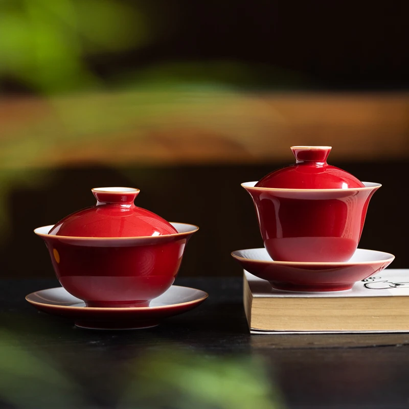 Red Ceramic Tea Cup with Lid Jing Red Glaze Tea Serving Bowl Tea Brewing Bowl Three Elements Cover Bowl Wedding Tea Set