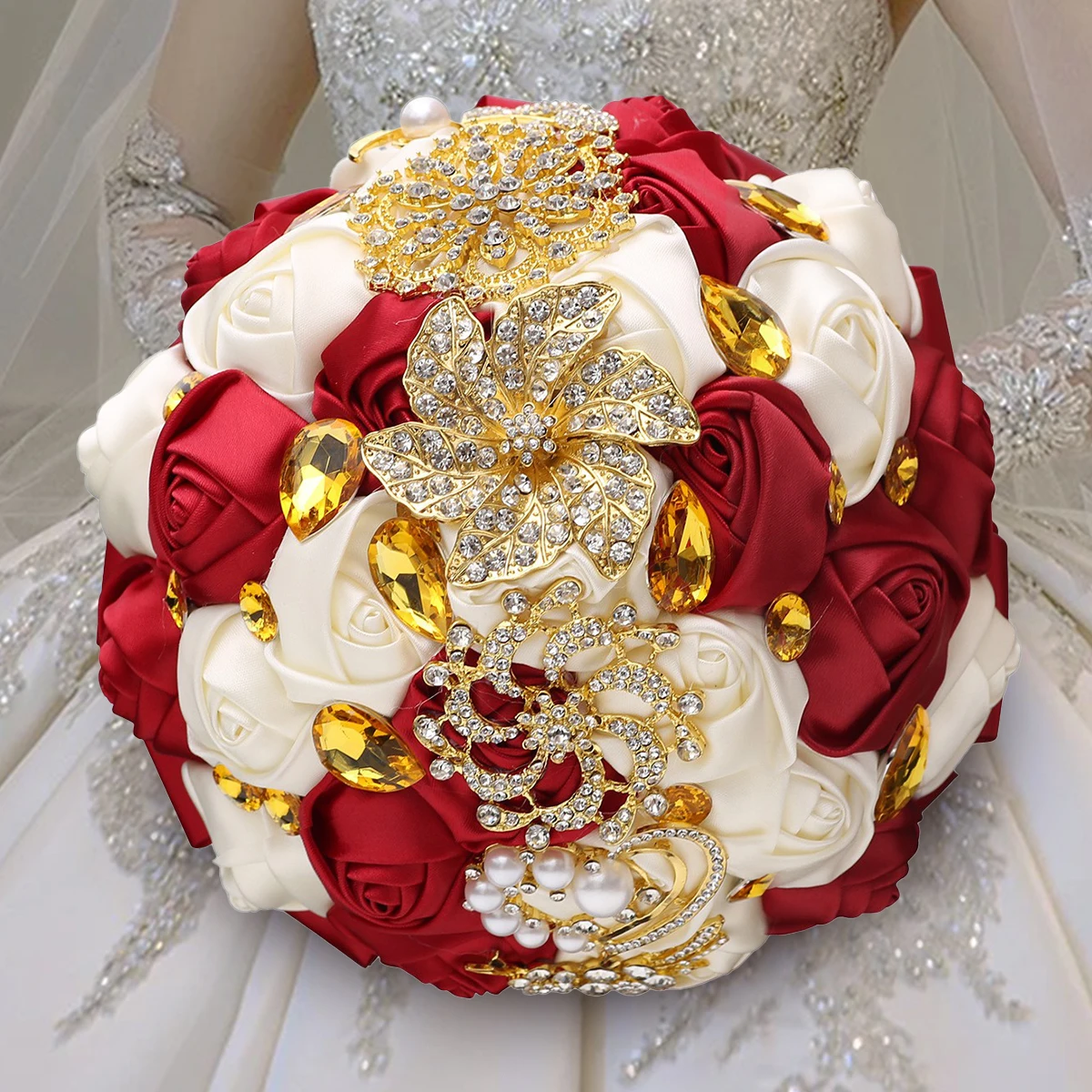 Classic Bride Wedding Red Roses Hand Luxurious rhinestone Love Pearl streamer Bridesmaids Church of Eternal Life bouquet W227