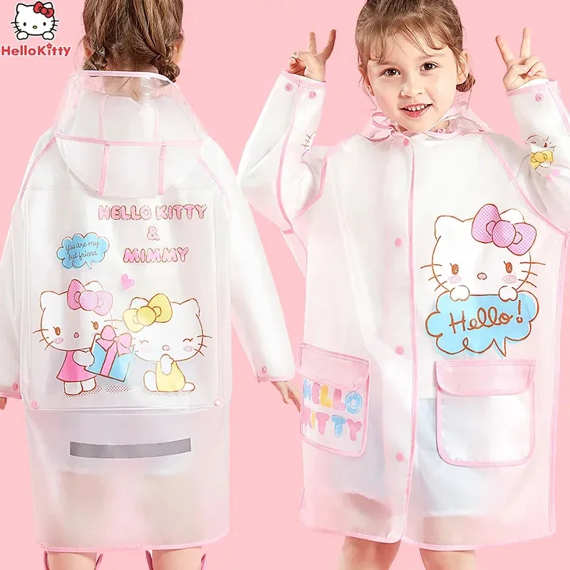 Sanrio Hello Kitty Children's Raincoat Kawaii Thickened Waterproof Poncho Girl Outdoor Camping Hiking Hooded Rain Gear Set Gift