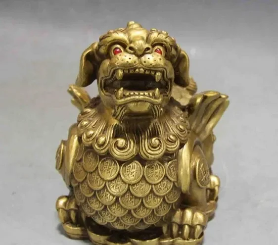 Chinese Royal Copper Brass Feng shui Lucky Foo Dog fly Lion Kylin Beast Statue