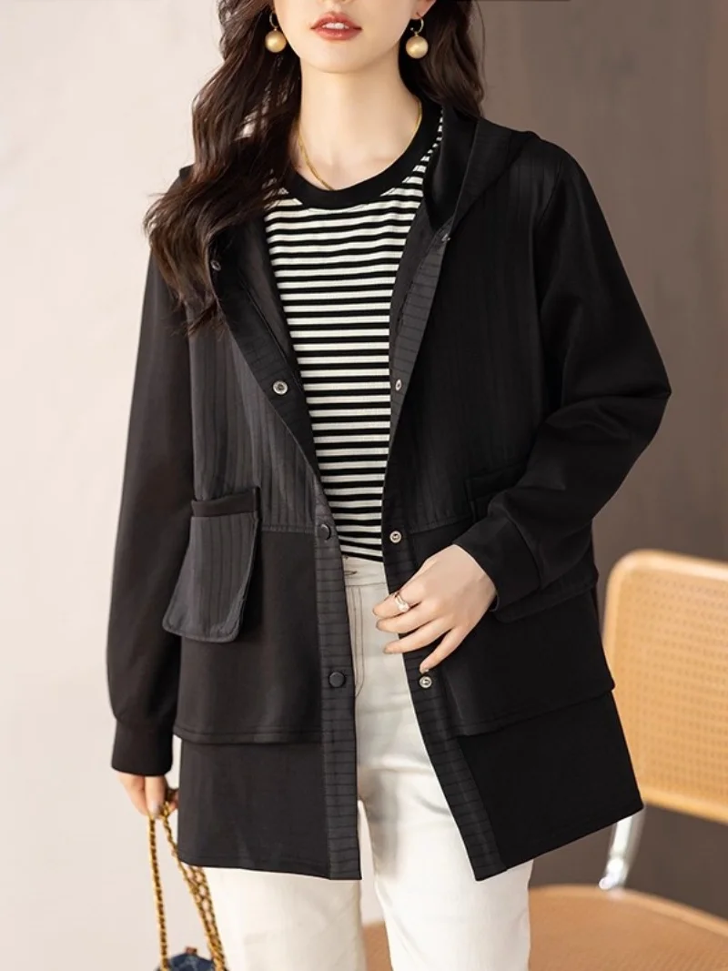 

Модная стильная верхняя одежда больших размеров для женщин с капюшоном на весну и осень, новый стиль, теплая куртка средней длины, топ w533