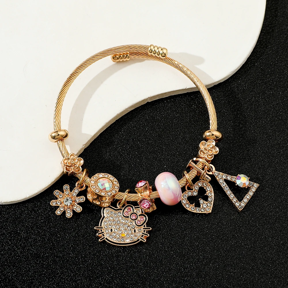 Sanrio anime dos desenhos animados hellokitty pulseira moda diy pingente incrustado moissanite acessórios popular kt gato coração pingente pulseira