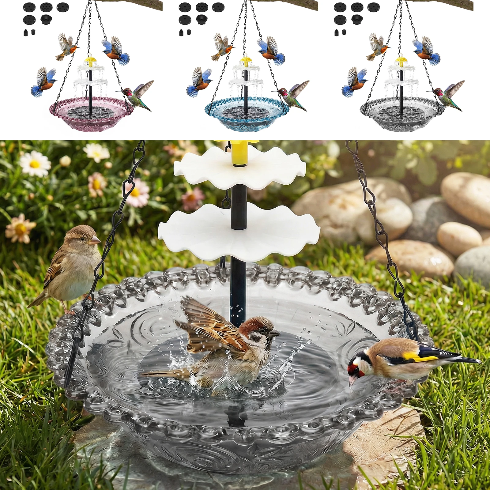 Solar Bird Bath Fountain Cascade Outdoor Hanging for Bird Drinking and Feeder For Garden Yard Decor Hummingbird Feeder