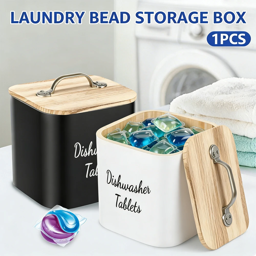 Laundry Pod Storage Container Wooden Laundry Bead Holder with Lid Dishwasher Tablet Storage Box Bathroom Laundry Pods Organizer