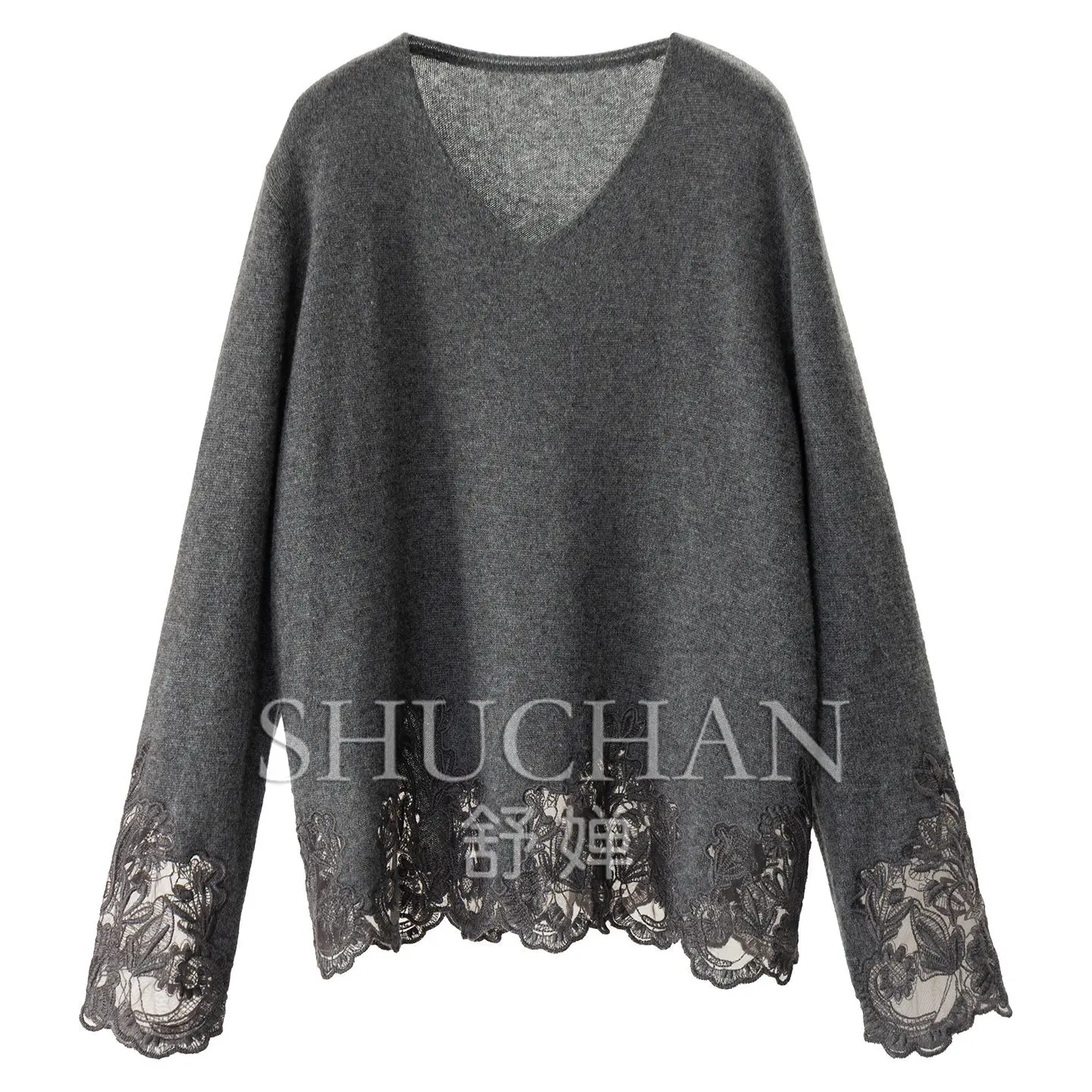Soft Pullover 100% Cashmere Heavy Industry Hollow Embroidery V-neck Sweater E536 Long Sleeve Top
