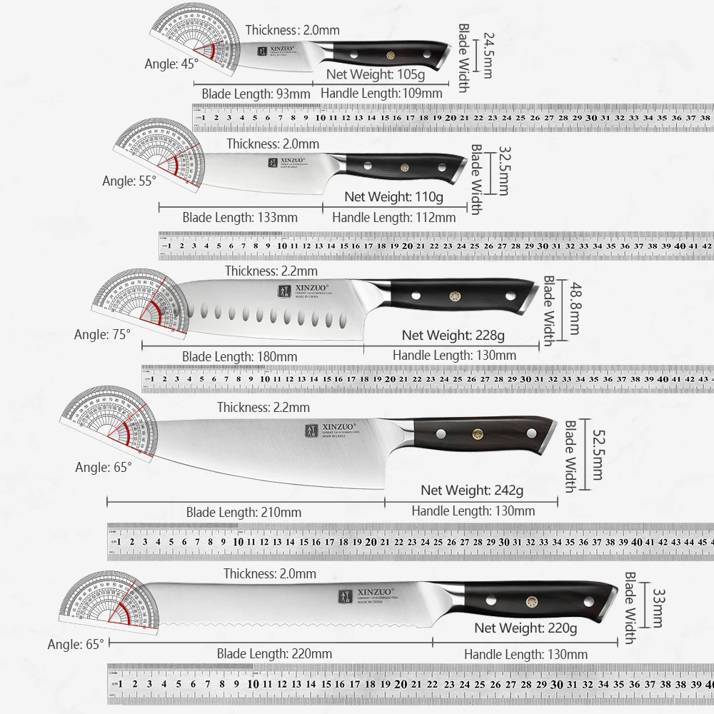 XINZUO 7PCS Kitchen Knives Set with Block High Carbon Stainless Steel Ebony Handle Cleaver Fish Vegetables Slicing Knife