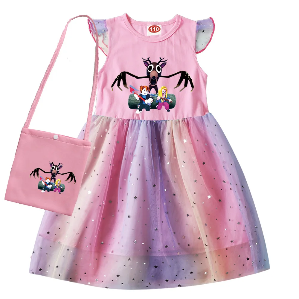 Meninas 99 noites na floresta cervos crianças manga curta vestido casual bebê meninas vestido com saco pequeno crianças festa de casamento vestido