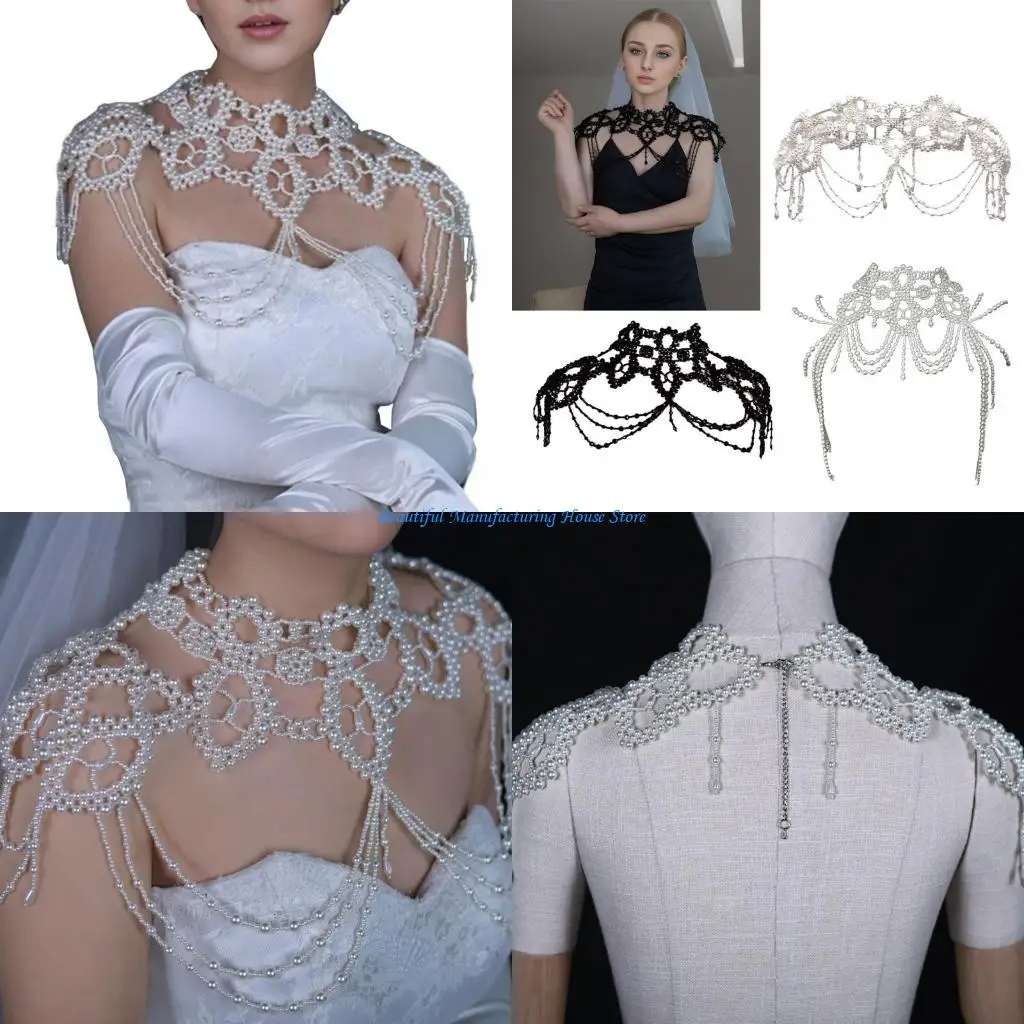 E56A Shoulder Jewelry Pearls Beaded Chest Chain Gift for Festivals and Celebrations