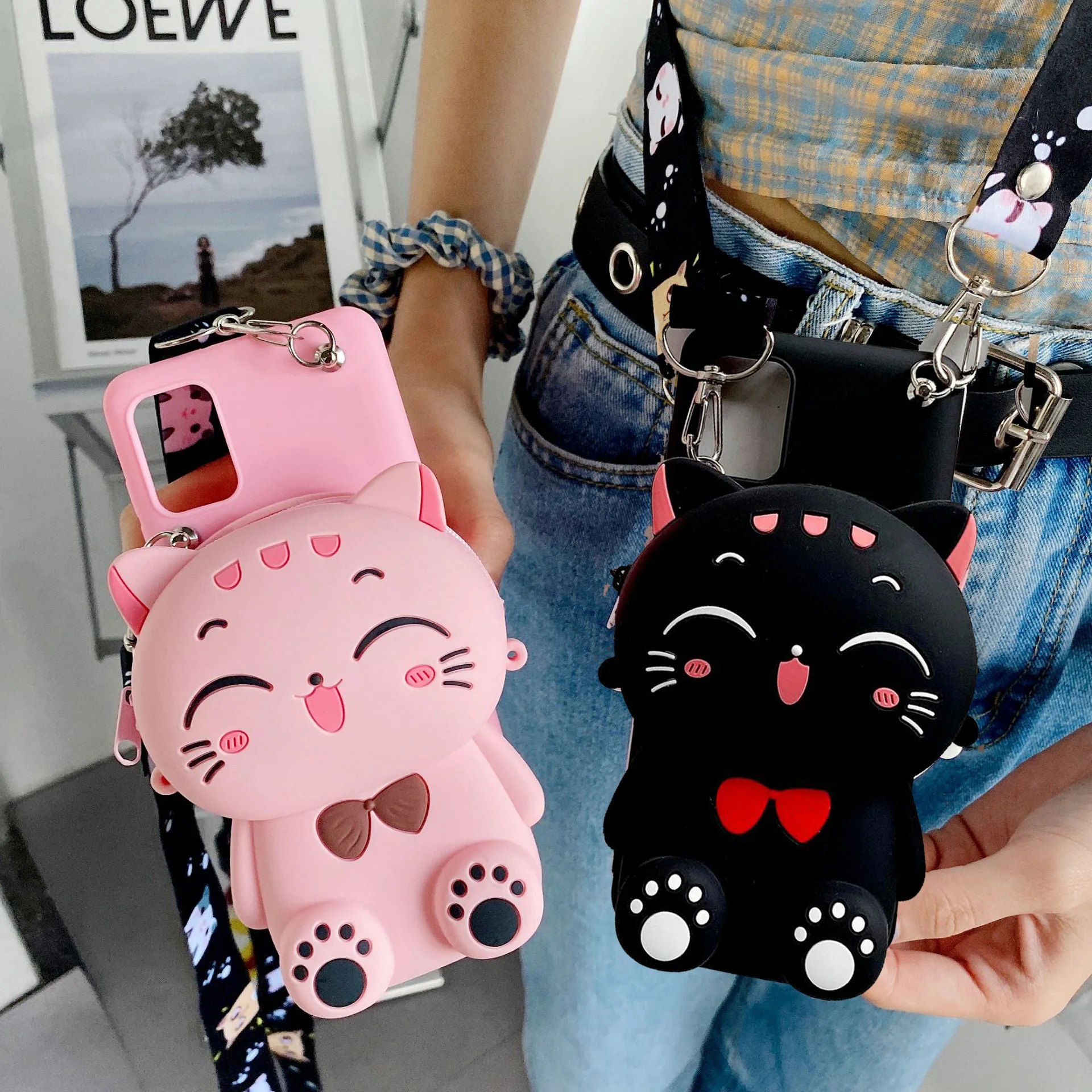 Cartoon 3D Cat Wallet Coin Bags For Motorola Moto Edge 50 Fusion 40 Neo 30 Ultra 20 Lite S30 Edge Plus Cute Panda Case With Rope