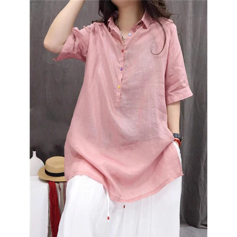 

Casual Linen Base Shirt Medium Length Top for plus Size Women Spring Summer New Style Vintage Commute Fashion Ladies Shirt