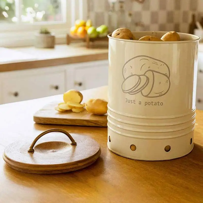 

Durable Metal Potato Storage Canister with Wooden Lid - Stylish Kitchen Organizer, 6.9x6.9x11 Inches