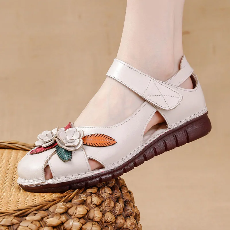 XMWRLW Sommer-Sandalen aus echtem Leder für Damen, Retro-Stil, handgefertigte Damen-Flachschuhe, rutschfeste Damen-Sommersandalen, Größe 42