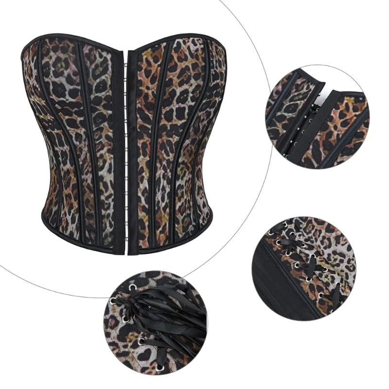 Leopard Print Strapless Bustier Top for Women Single Breasted Vintage Lace Up Shapewear Fishboned Overbust Corset Vest