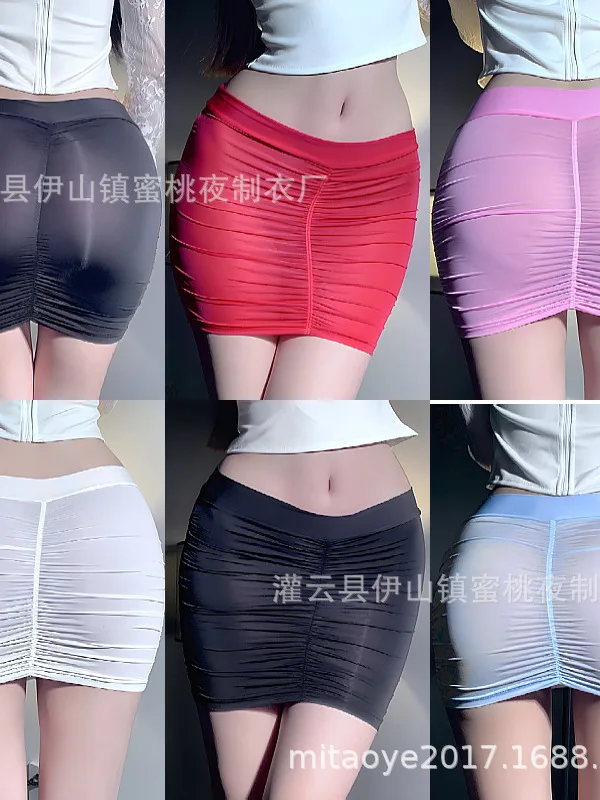 Women Tight Pleated Sexy Short Unif Skirt Sexy Transparent Tempting Abalone Skirt Nightclub Girl Fashion Women Skirts 79YY