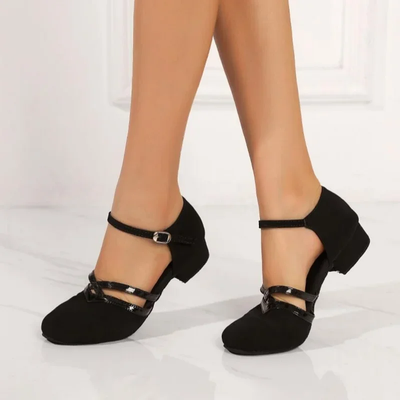 NewWomen Ladies Ballroom Latin Dance Shoes Black Salsa Low Heels 3.5cm Samba Tango Shoes Soft Sole Party Ballroom Standard Shoes