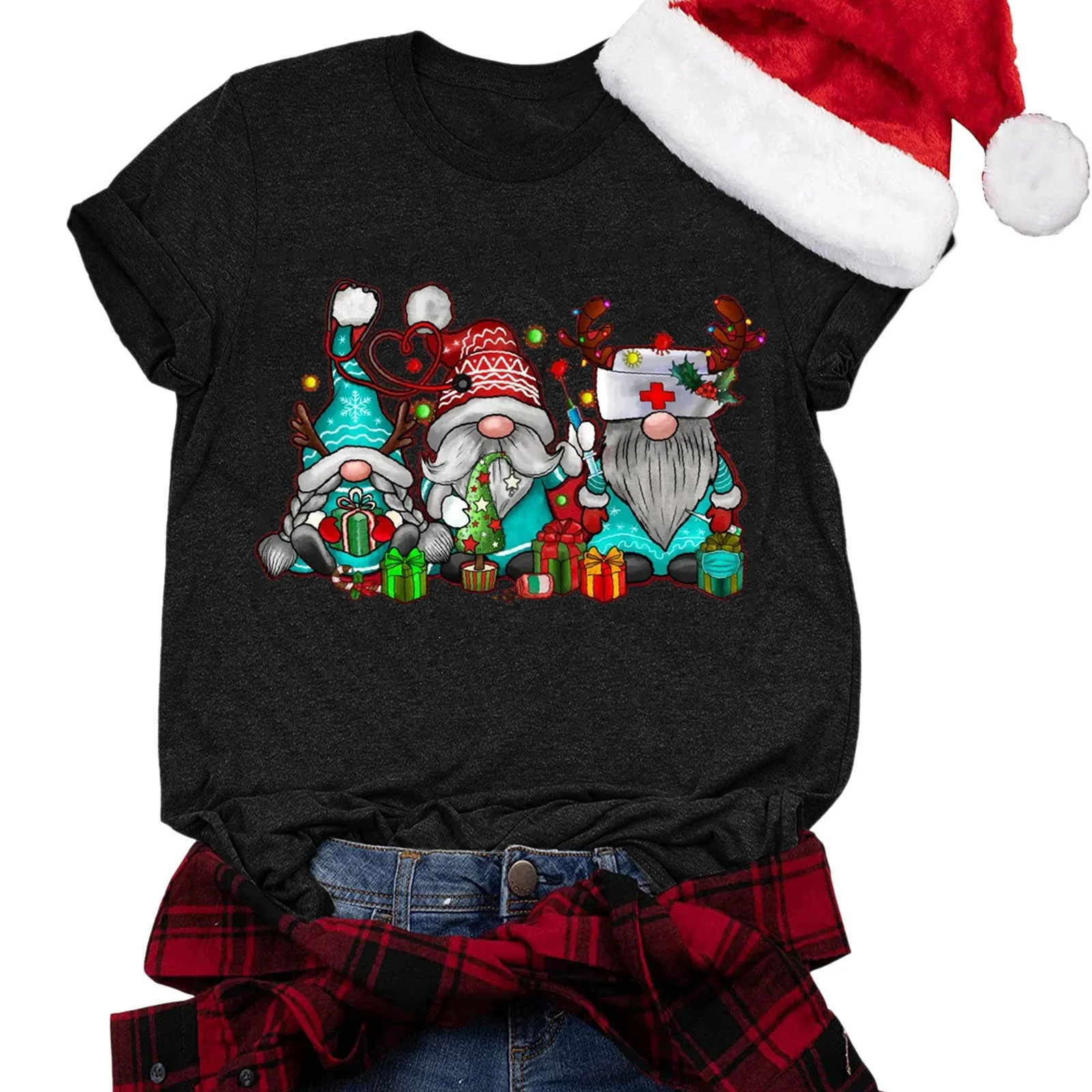 Camisetas con estampado navideño para mujer, Tops de manga corta con cuello redondo, Túnica de Navidad, jerséis de dibujos animados feos, blusa femenina de Año Nuevo