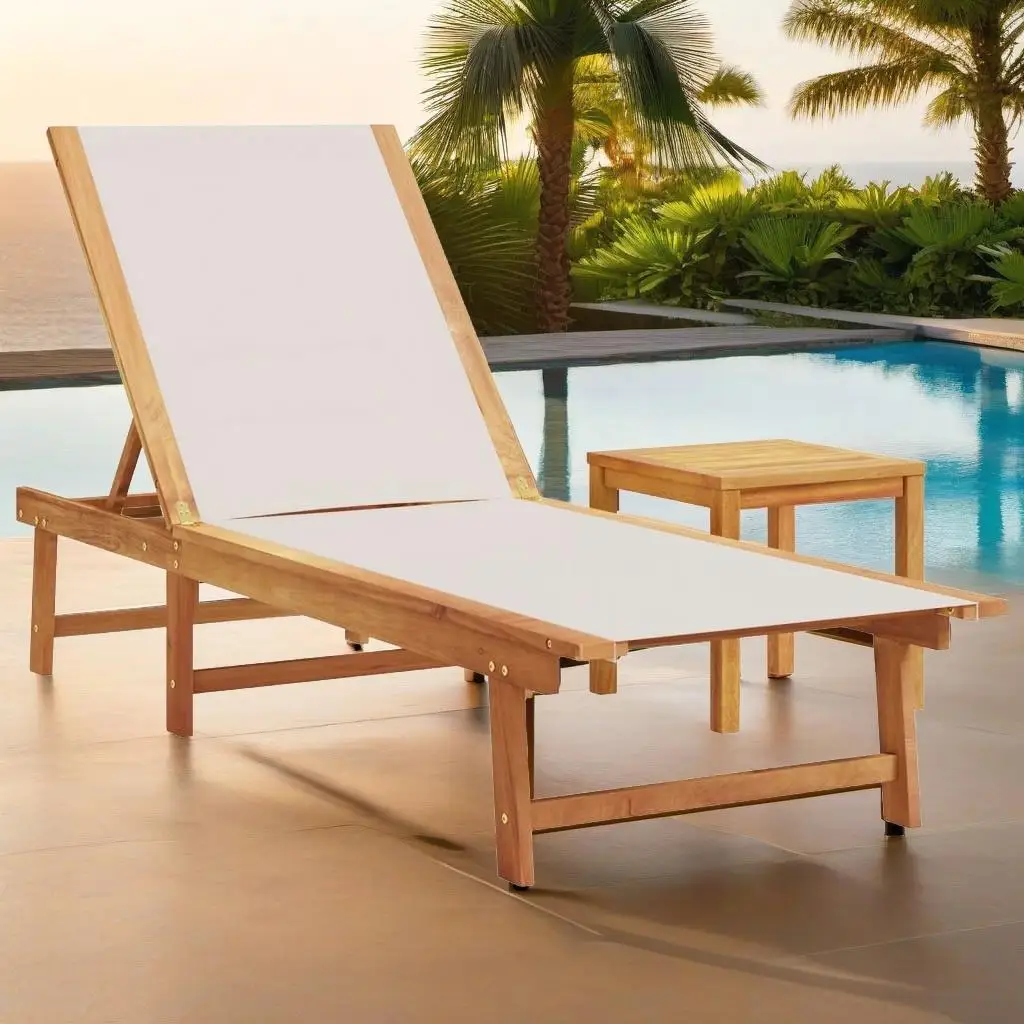 Grey Acacia Wood Sun Lounger with Table - Stylish Outdoor Textilene Chair