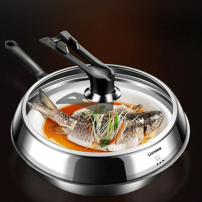 316 Stainless Steel Lid Extra Thick Glass Window Wok Pot Cover Transparent Heat Resistant Kitchen Cookware Tool with Vent