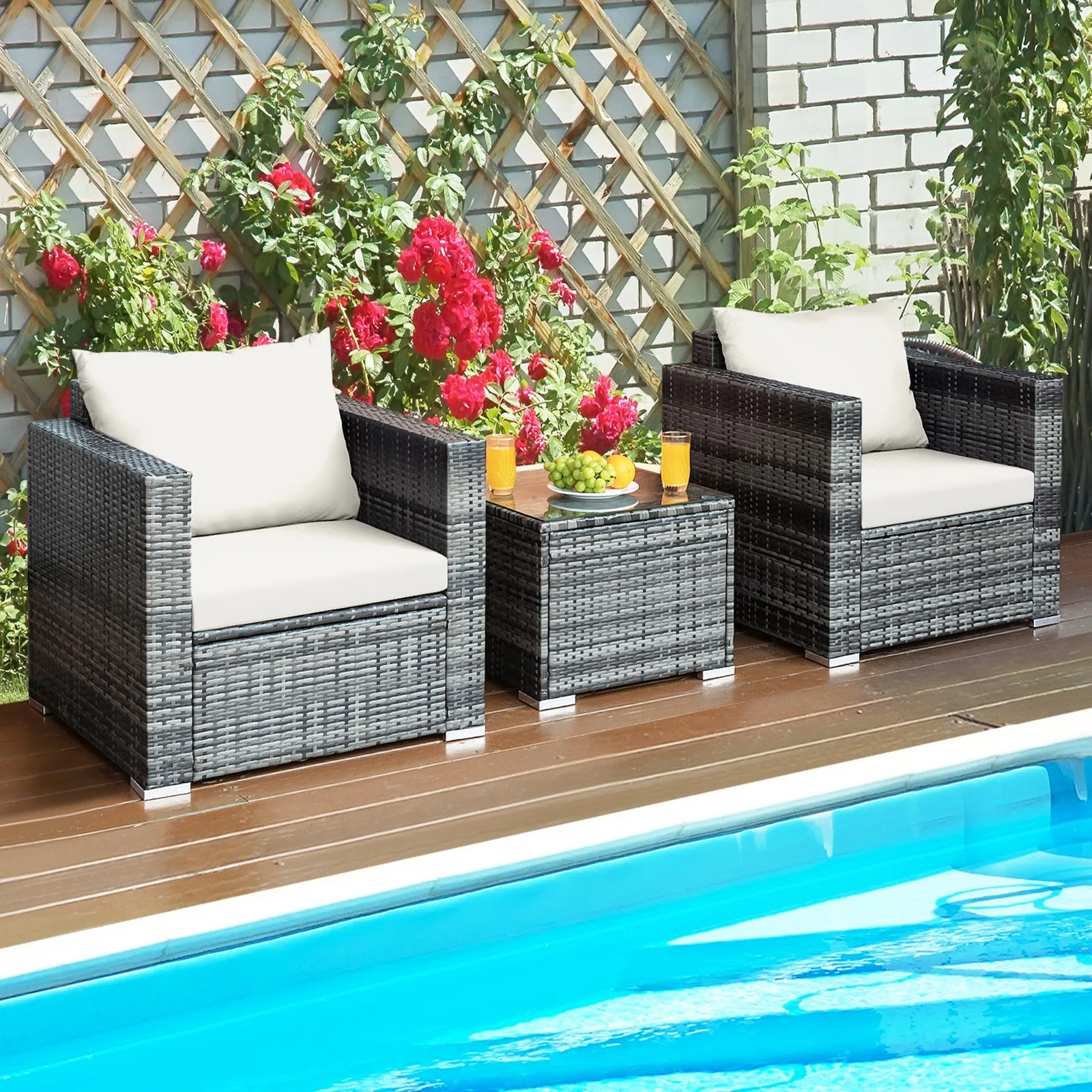 

3PCS Set Outdoor Yard w/ White Cushion