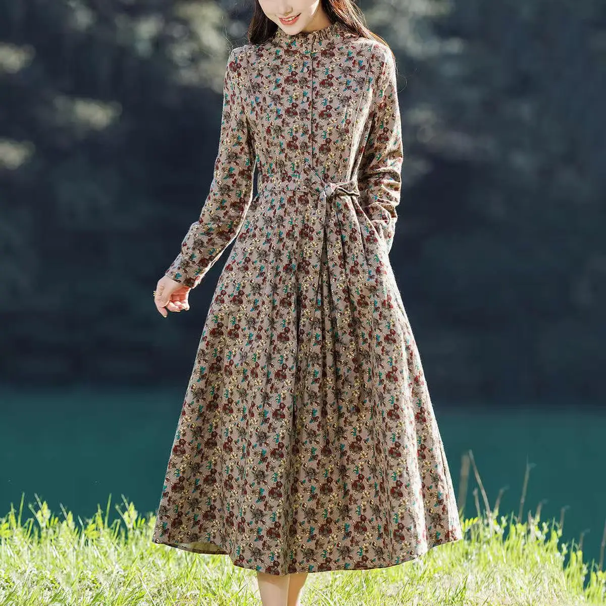 

RAIN YAN LIN Высококачественное винтажное хлопковое льняное платье с цветочным принтом и длинным рукавом, темпераментные элегантные платья, весеннее женское повседневное платье