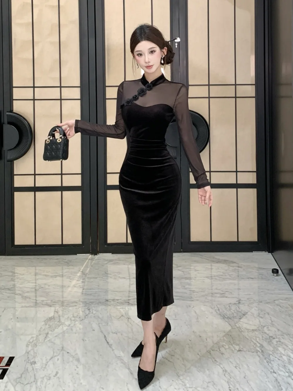 

New Chinese Sle Velvet Long Sve Me Splice Dr Women's Autumn Stand Collar High End Sensation Luxury Age Reduction Li...