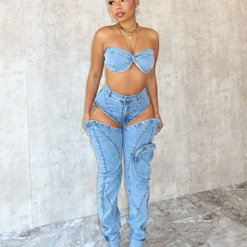 Sexy Denim Birthday Outfits for Women 2 Piece Set Rave Nightclub Party Strapless Crop Top and Cut Out Jean Pants Matching Sets