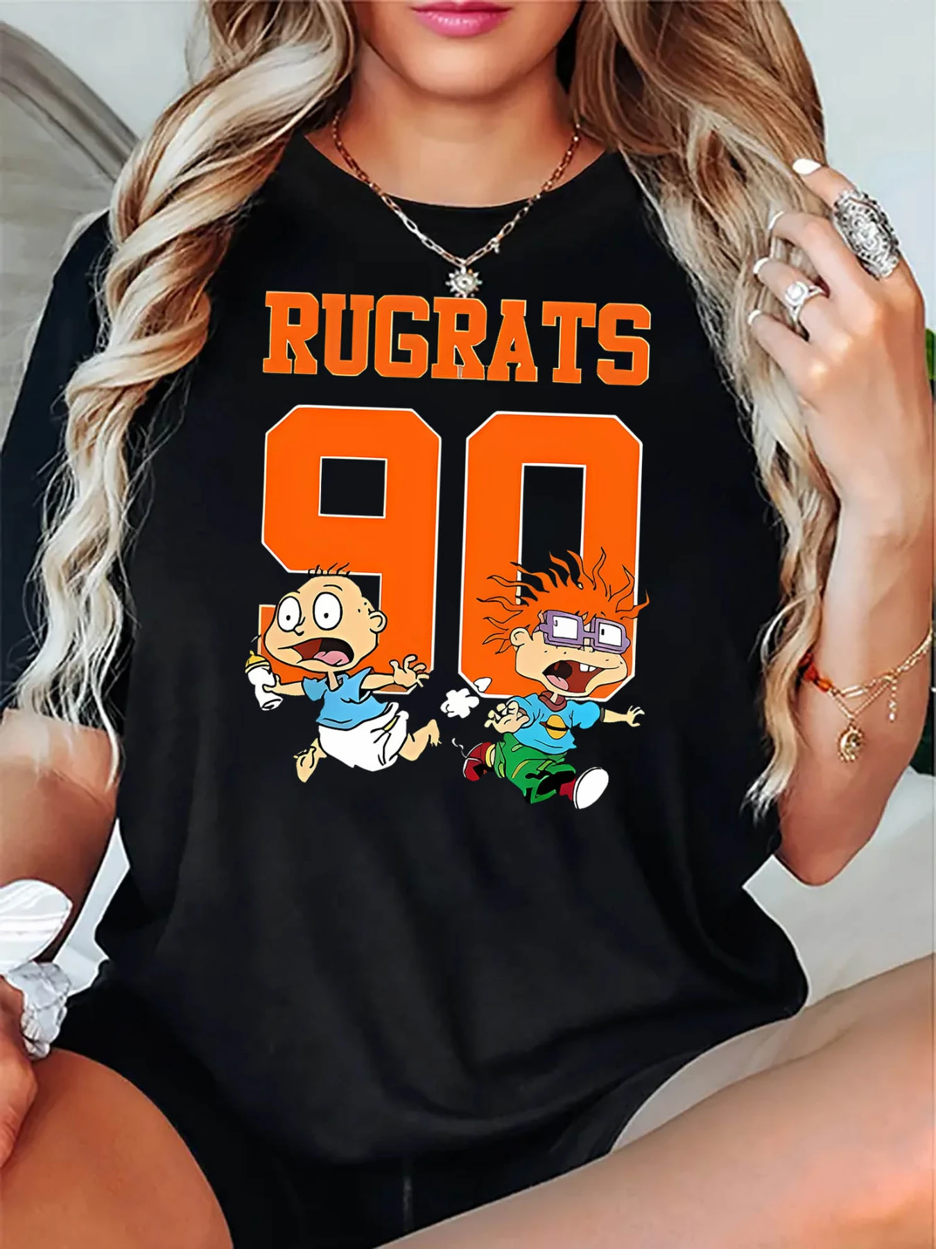 تي شيرت نسائي برسومات "Rugrats" - تي شيرت كاجوال أسود بأكمام قصيرة مع طباعة كرتونية، رقبة دائرية، بلوزة صيفية مريحة