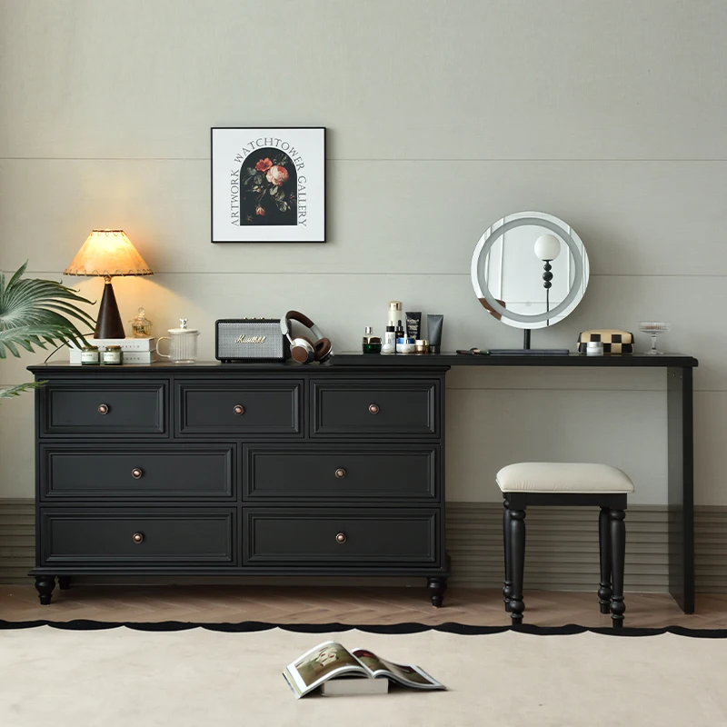 

American retro solid wood chest dresser integrated bedside bedroom classic black French makeup table storage cabinet