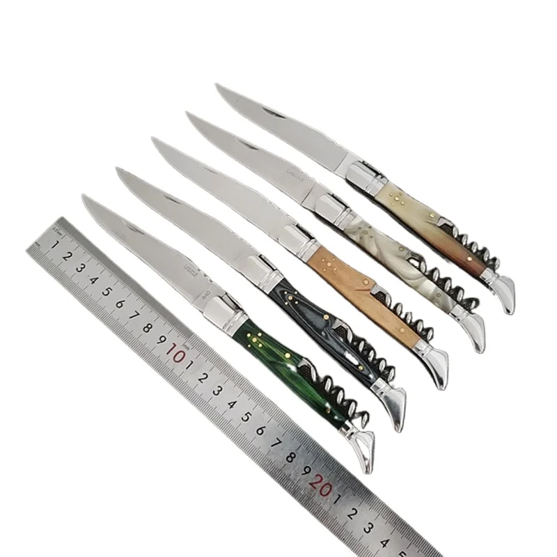 

Stainless Steel Sharp Folding Blade Knife Wooden Handle Outdoor Camping Multifunctional Hand Tools with Red Wine Bottle Opener