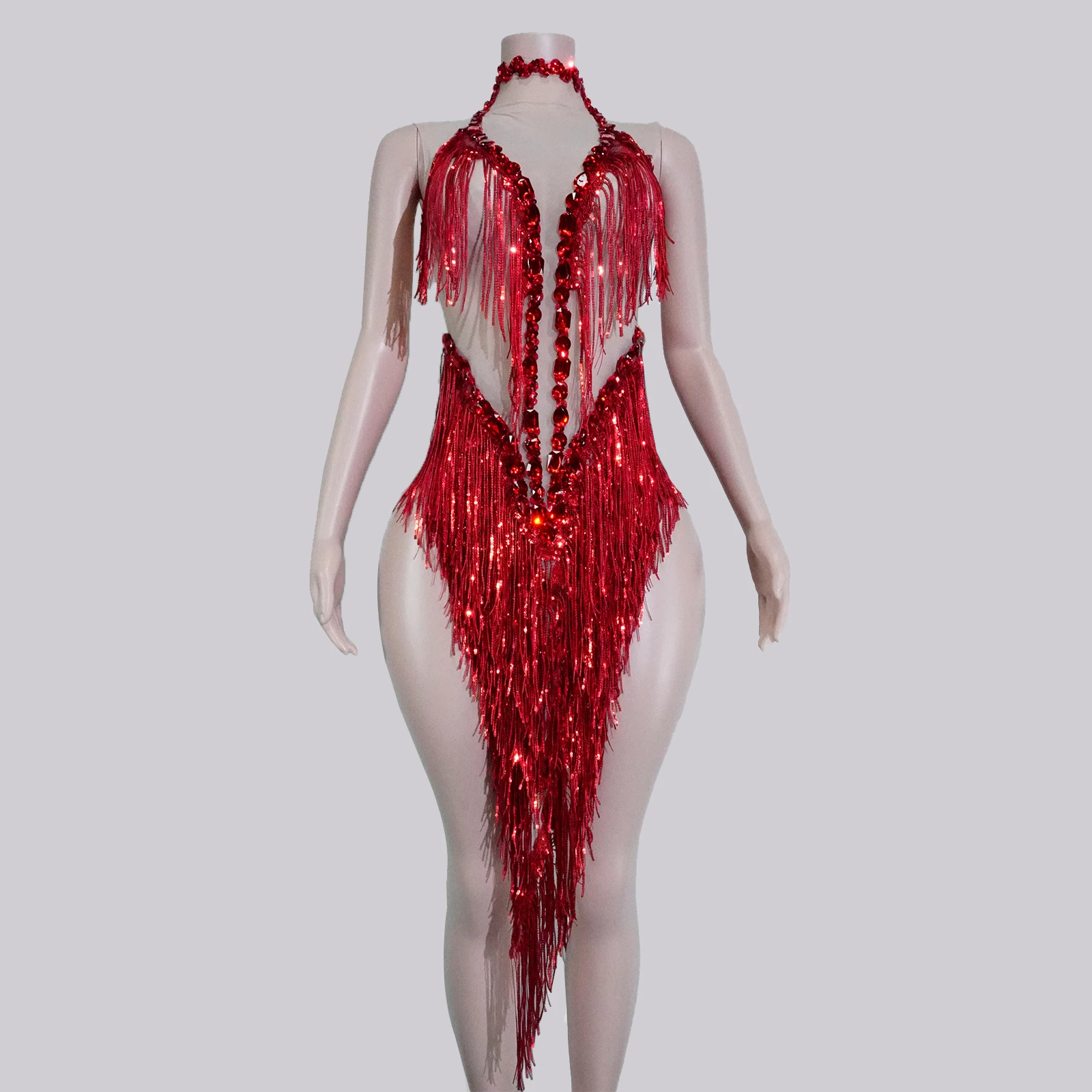 Kostium do tańca latynoamerykańskiego, błyszcząca czerwona sukienka mini z dżetami, frędzlami, prześwitująca, strój dla piosenkarki, na studniówkę, do tańca na rurze, na występ, strój drag queen