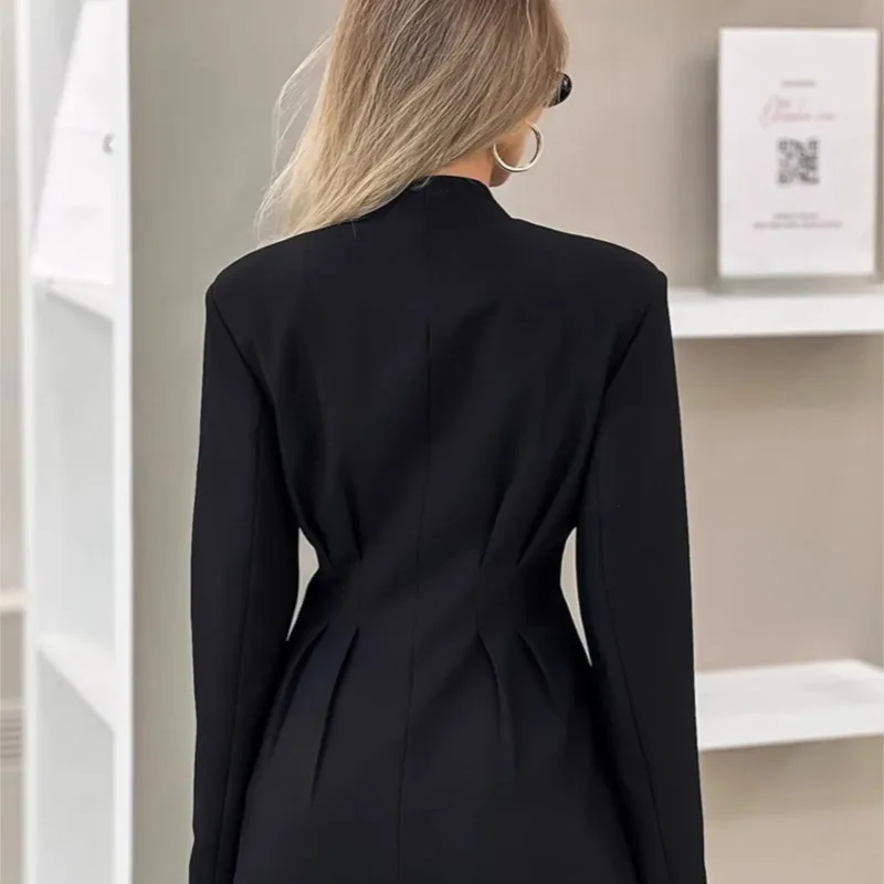 Autumn Elegant Slim Fit Waist Cinching Black Mini Suit For Commuting Sexy V-neck Button Long Sleeves Suit Jacket Vestes Femmes
